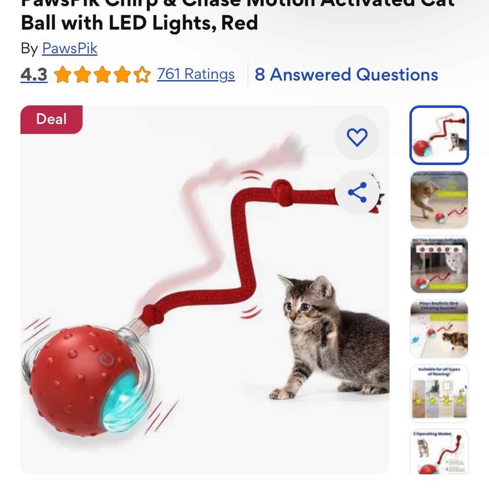 NIB Chirp and Chase Motion Activated Cat Ball with LED Lights  - Red